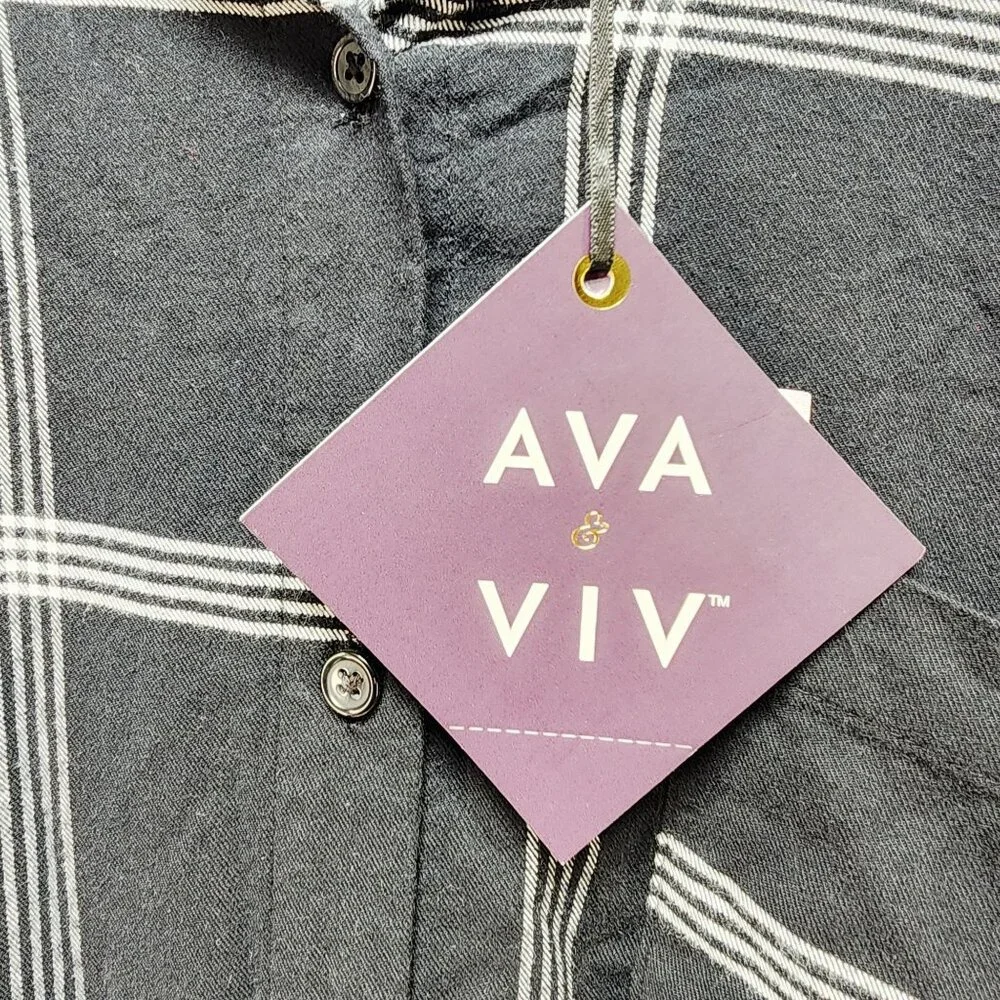 Ava & Viv Black White Plaid Button-Up Womens Shirt Plus Size 3X Long Sleeve - Picture 4 of 7